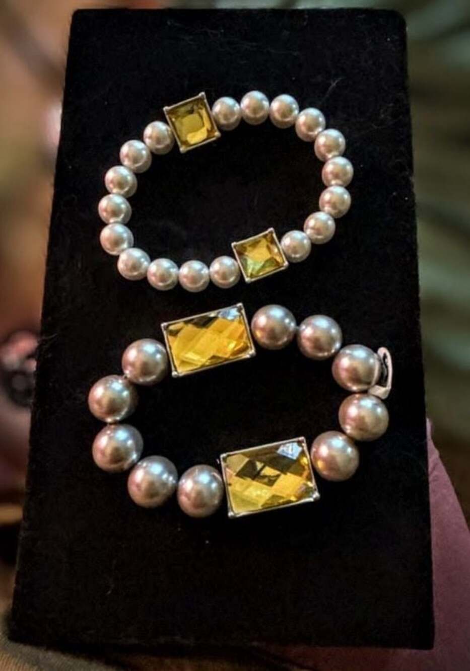 2 Lia Sophia Vintage Faux Pearl Stretch Bracelets with Yellow Rhinestone